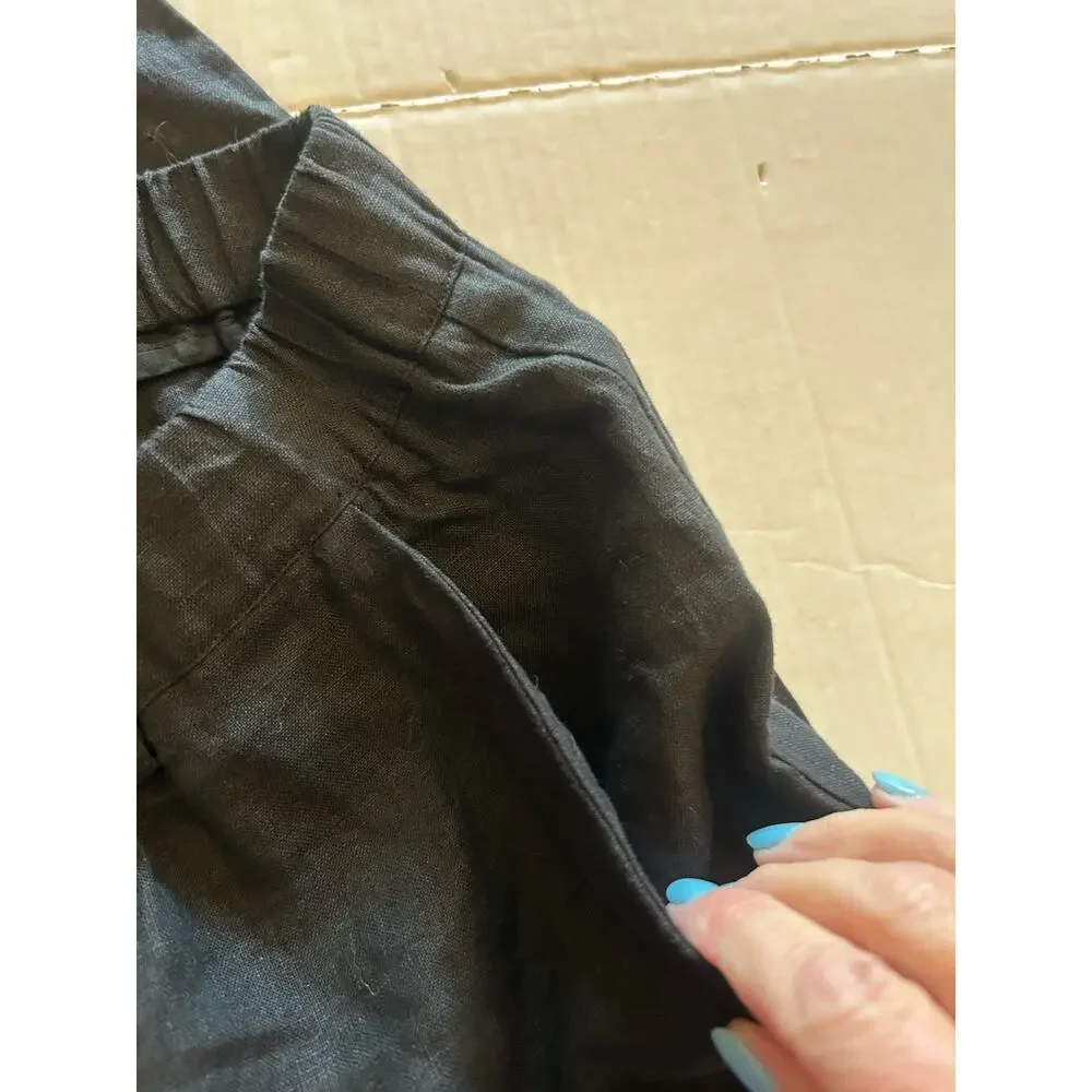 Quince Womens Sz Medium Black European Linen Pants Elastic Waist Cropped Coastal